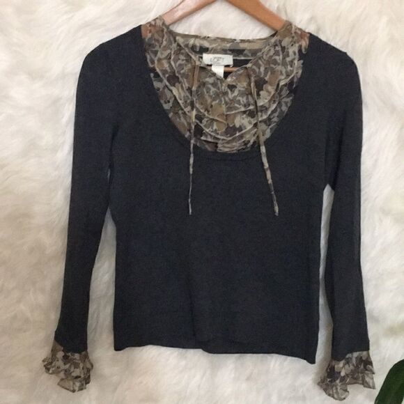 LOFT lite weight sweater with chiffon chest ruffle - Picture 2 of 6